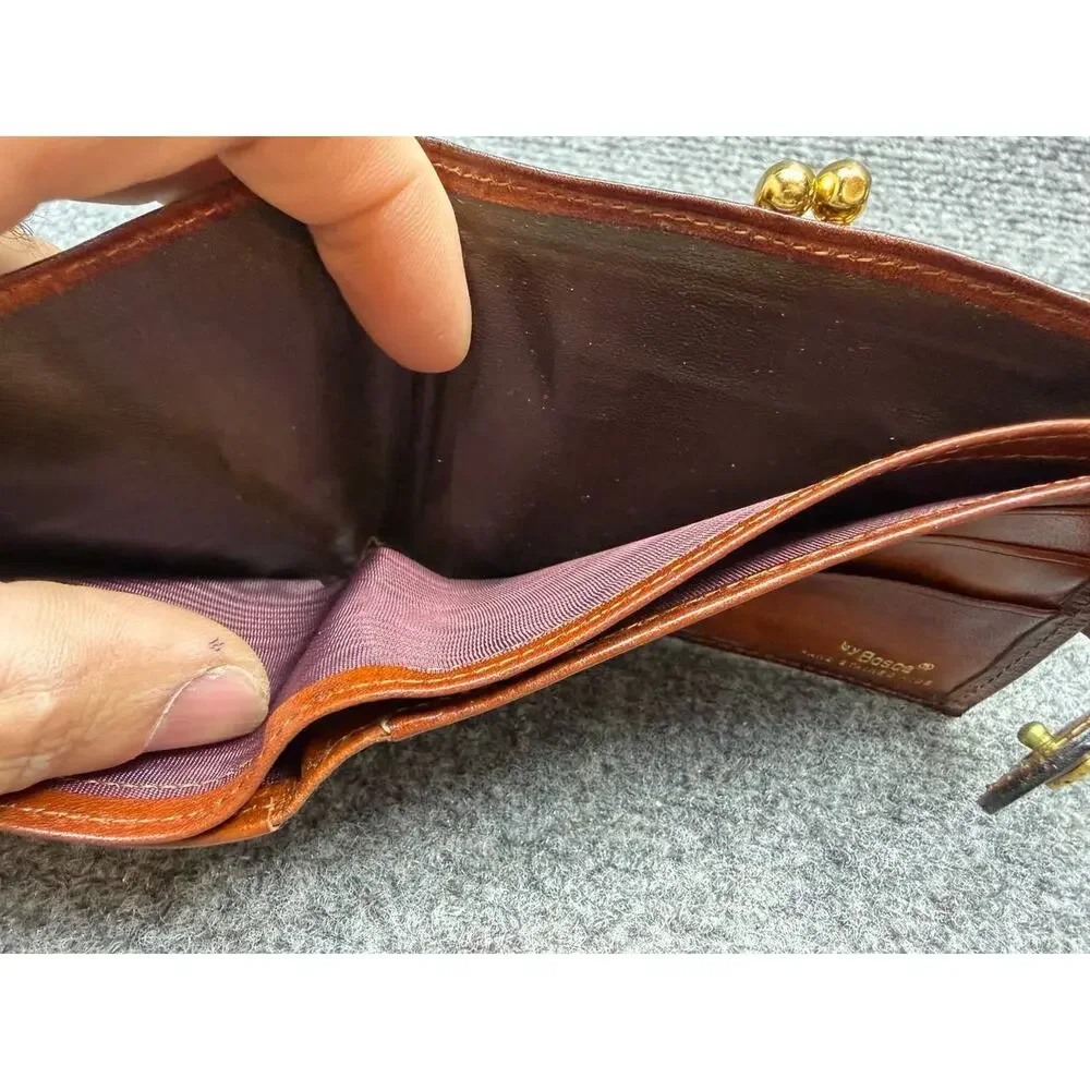 Bosca Brown Leather Bifold Wallet Coin Pocket Frame Clasp Pre-Owned